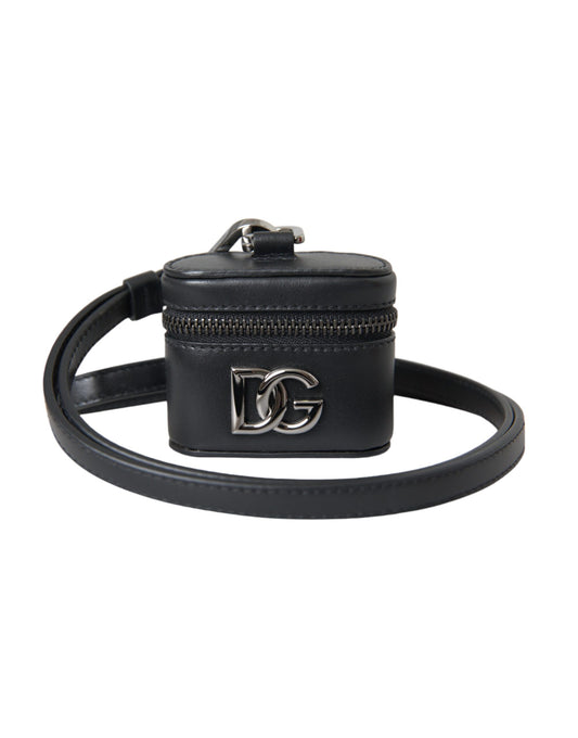 Étui pour Airpods Dolce &amp; Gabbana en cuir noir avec logo DG et métal argenté