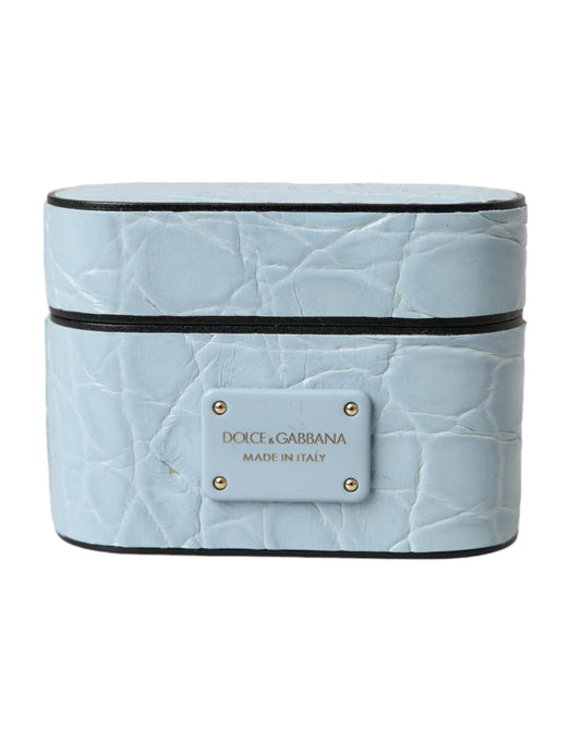 Étui pour Airpods Dolce &amp; Gabbana en cuir bleu clair avec logo en métal
