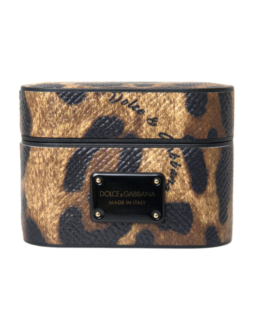 Étui pour Airpods Dolce &amp; Gabbana en cuir de veau léopard marron avec plaque métallique et logo
