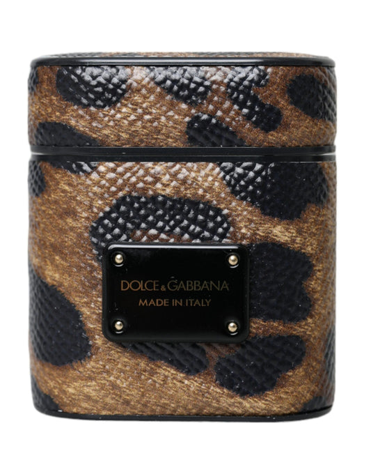 Étui pour Airpods Dolce &amp; Gabbana en cuir de veau léopard marron avec plaque métallique et logo