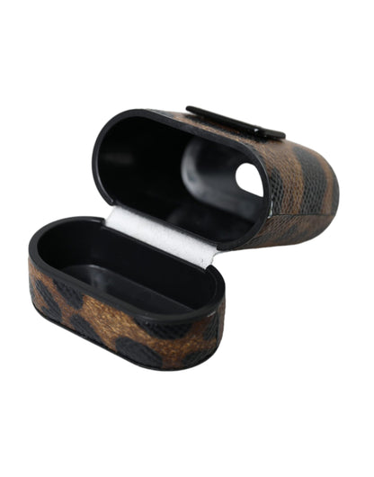 Étui pour Airpods Dolce &amp; Gabbana en cuir de veau léopard marron avec plaque métallique et logo