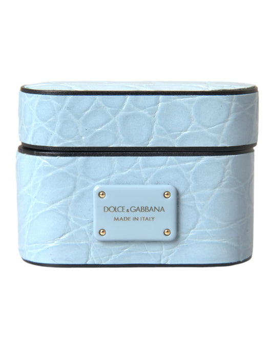 Étui pour Airpods Dolce &amp; Gabbana en cuir bleu clair avec logo en métal