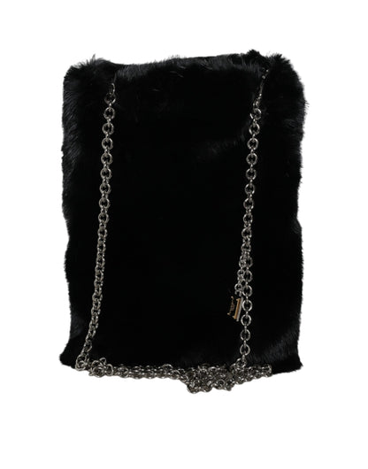Sac à bandoulière Dolce &amp; Gabbana en fausse fourrure noire avec chaîne argentée