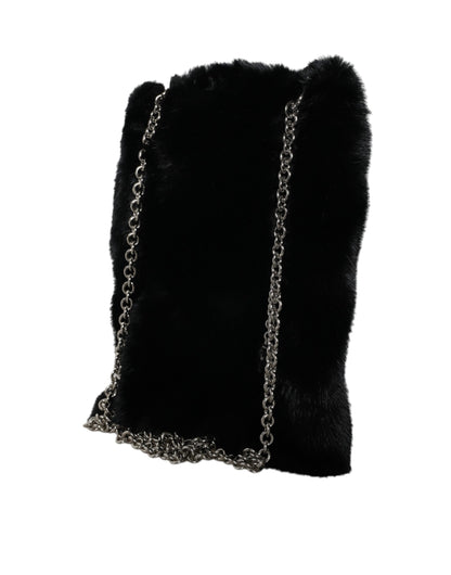 Sac à bandoulière Dolce &amp; Gabbana en fausse fourrure noire avec chaîne argentée