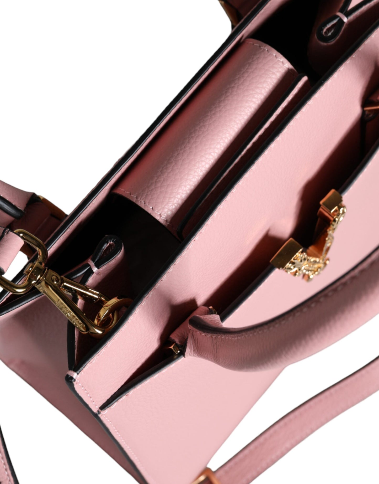Versace – Kleine Umhängetasche aus genarbtem Kalbsleder mit Henkel in Rosa