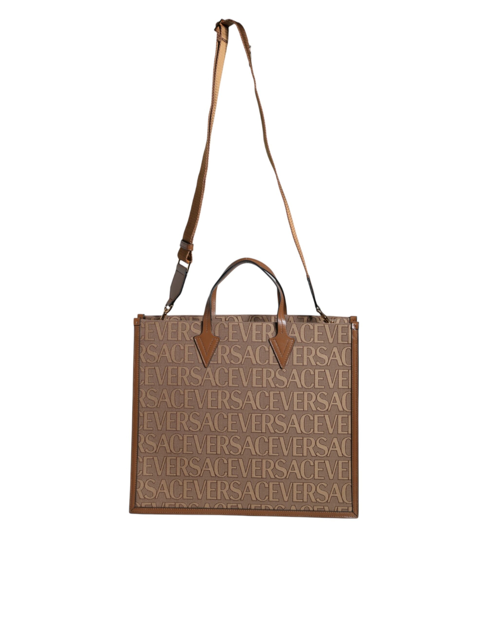 Sac à main cabas à bandoulière en cuir jacquard avec logo, couleur marron, avec poignée supérieure.