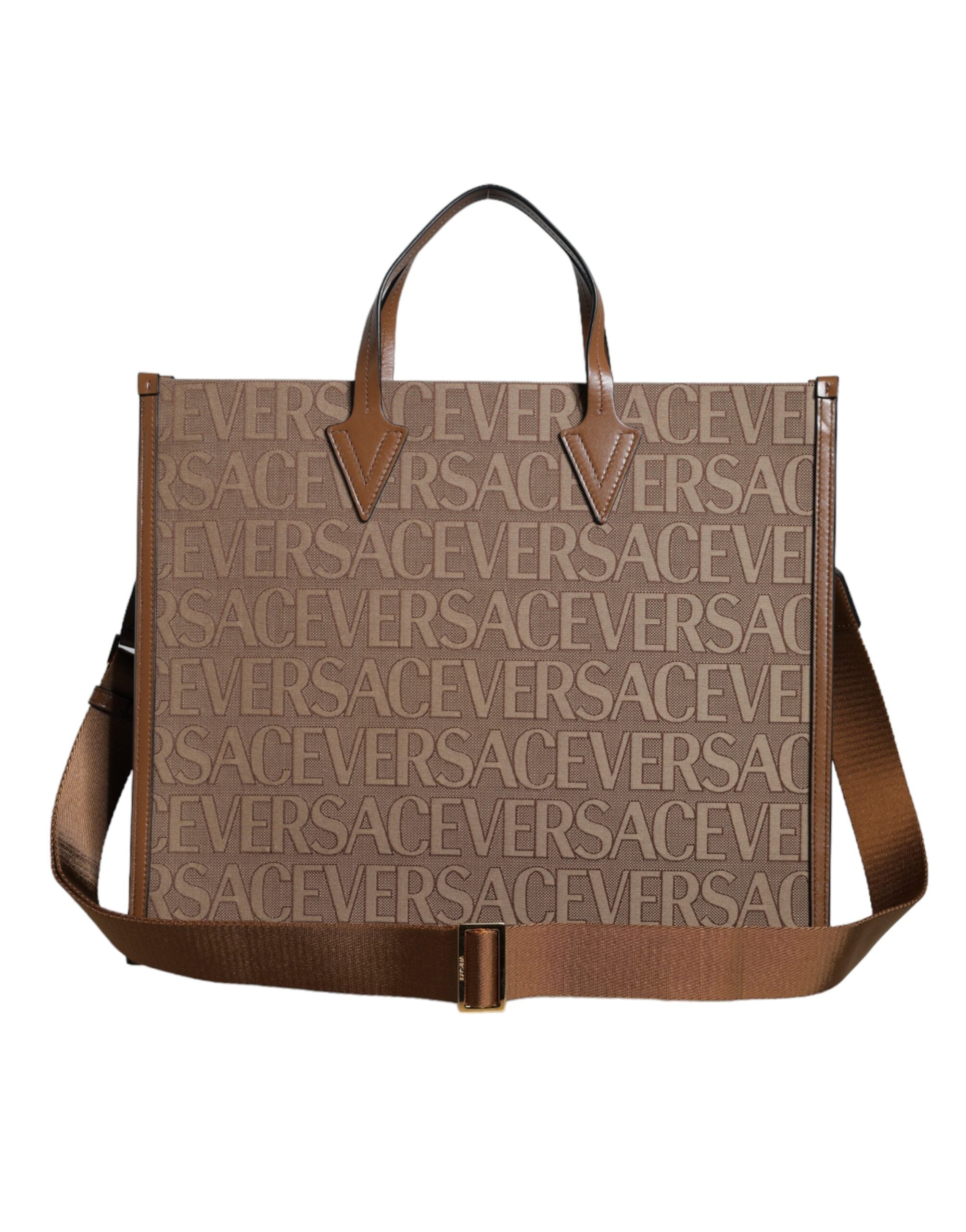 Sac à main cabas à bandoulière en cuir jacquard avec logo, couleur marron, avec poignée supérieure.