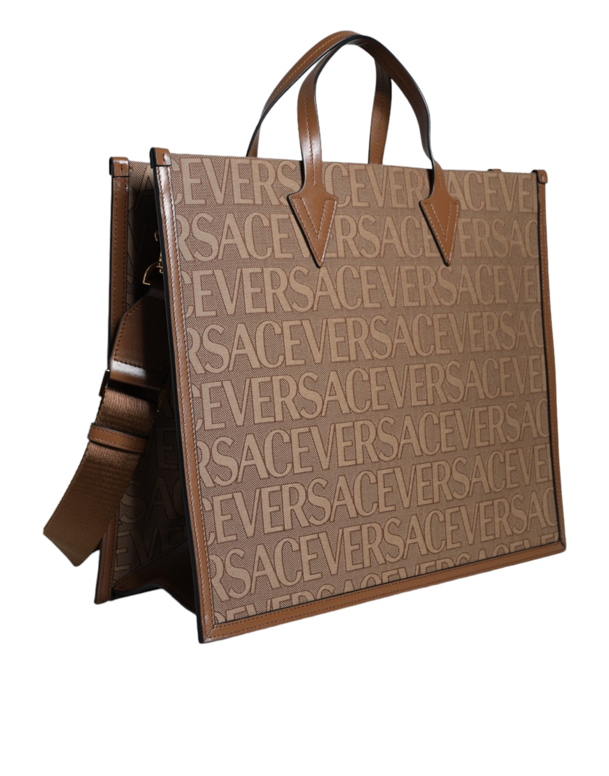 Sac à main cabas à bandoulière en cuir jacquard avec logo, couleur marron, avec poignée supérieure.
