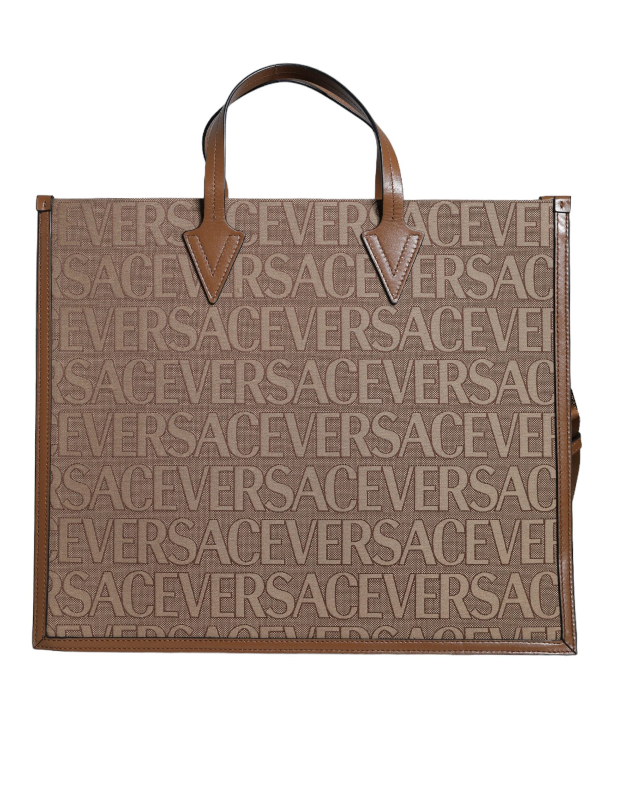 Sac à main cabas à bandoulière en cuir jacquard avec logo, couleur marron, avec poignée supérieure.