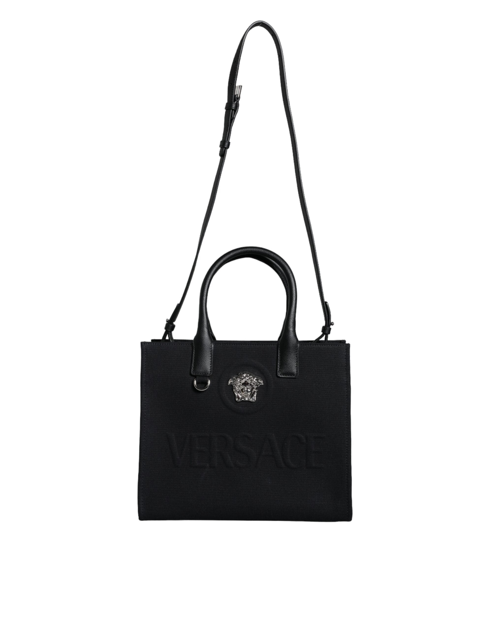 Sac fourre-tout à bandoulière en toile et cuir noir avec logo Versace