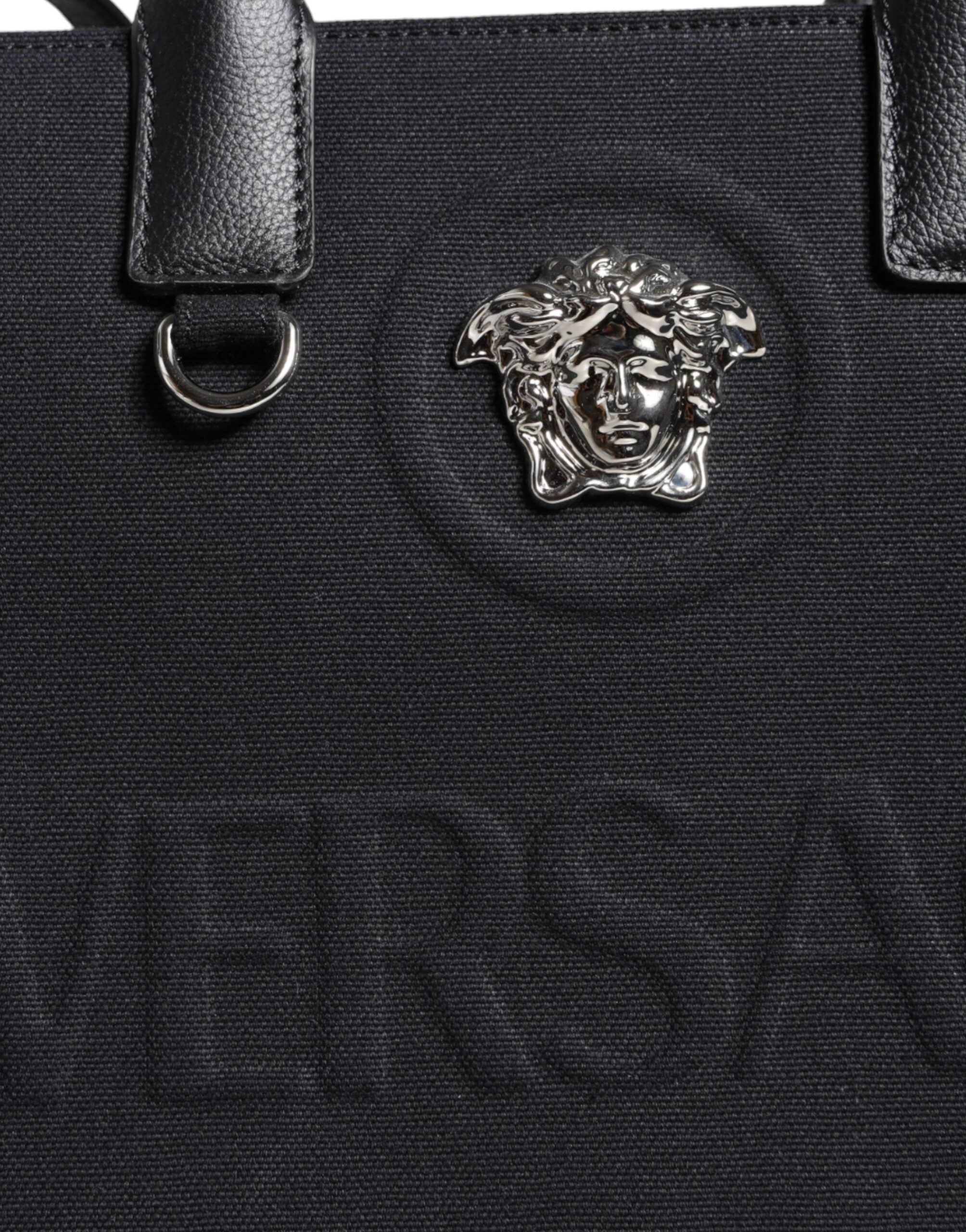 Sac fourre-tout à bandoulière en toile et cuir noir avec logo Versace