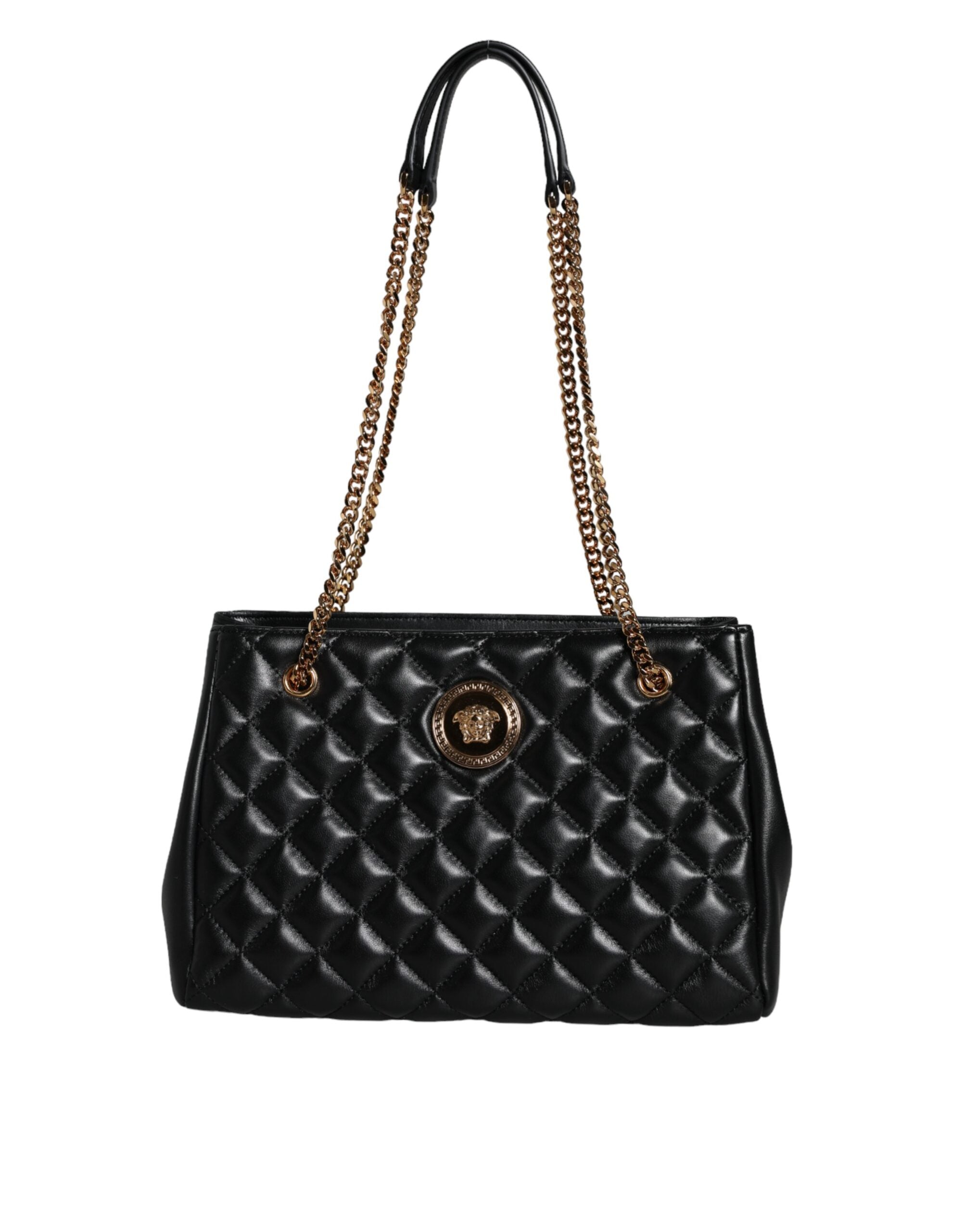 Sac à bandoulière en cuir de nappa noir matelassé avec chaîne