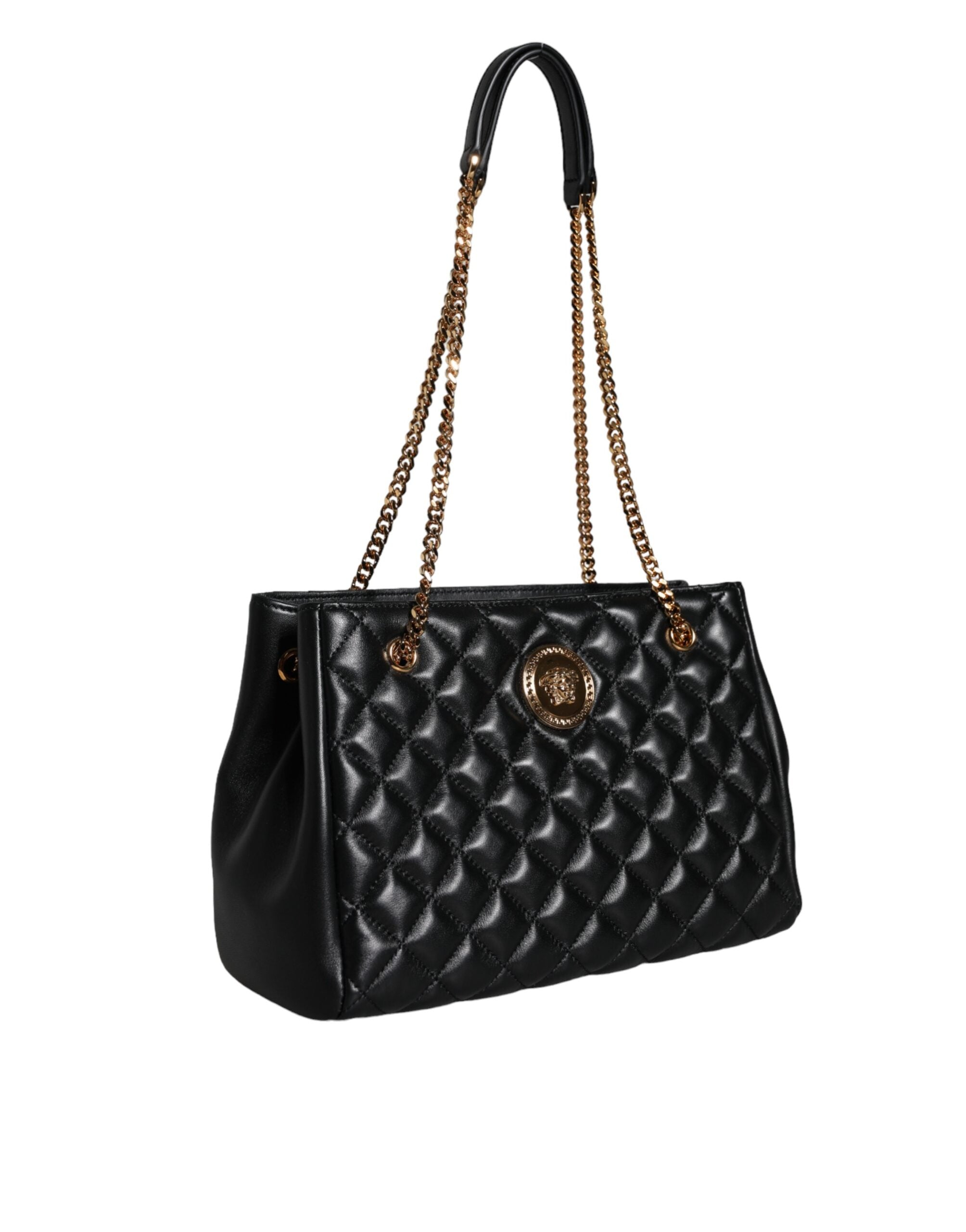 Sac à bandoulière en cuir de nappa noir matelassé avec chaîne