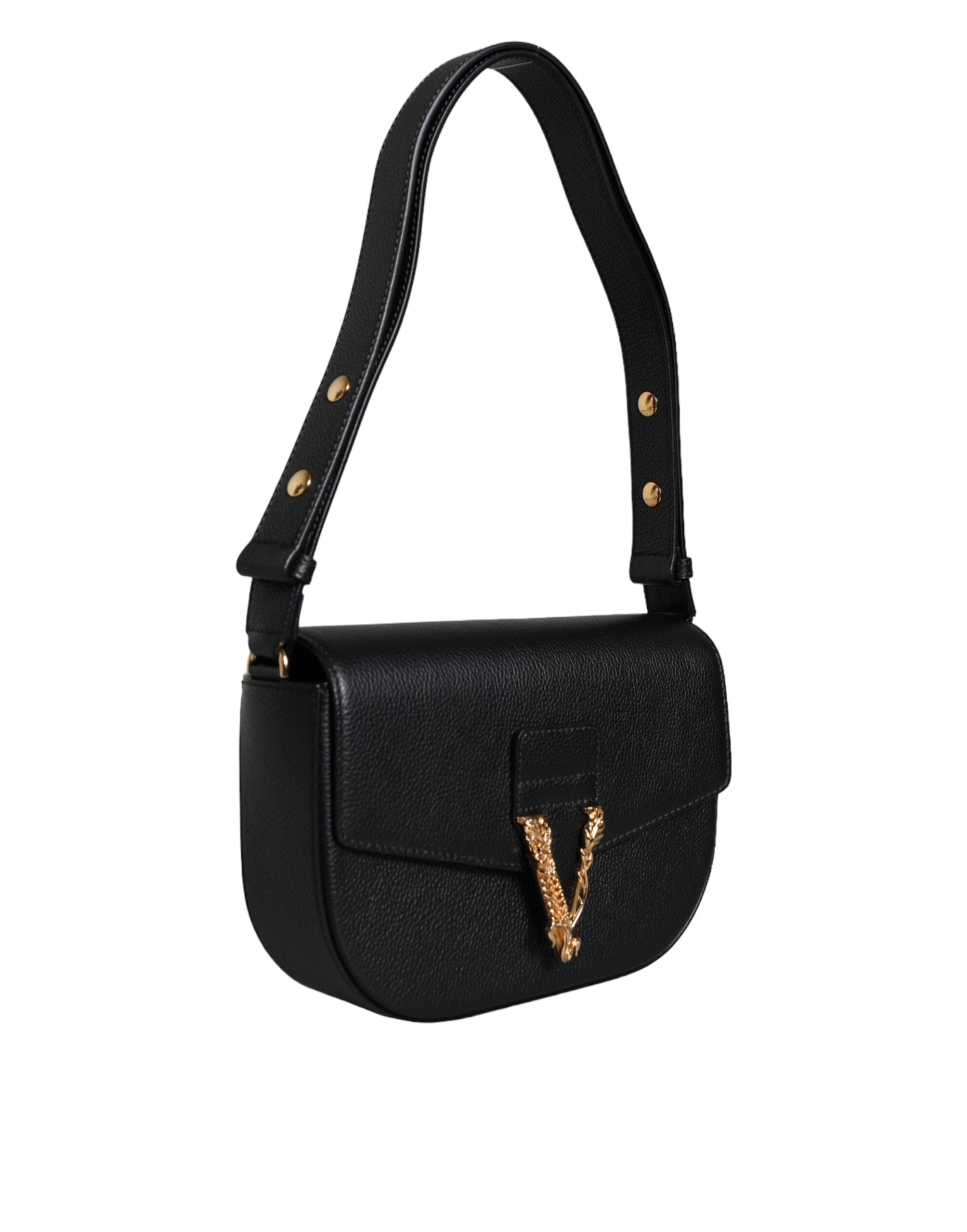 Sac bandoulière Versace en cuir de veau grainé noir avec logo