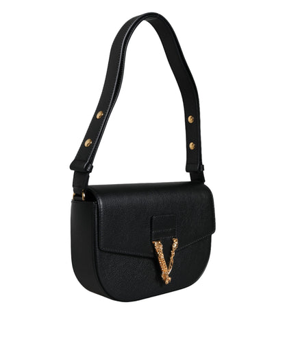Sac bandoulière Versace en cuir de veau grainé noir avec logo