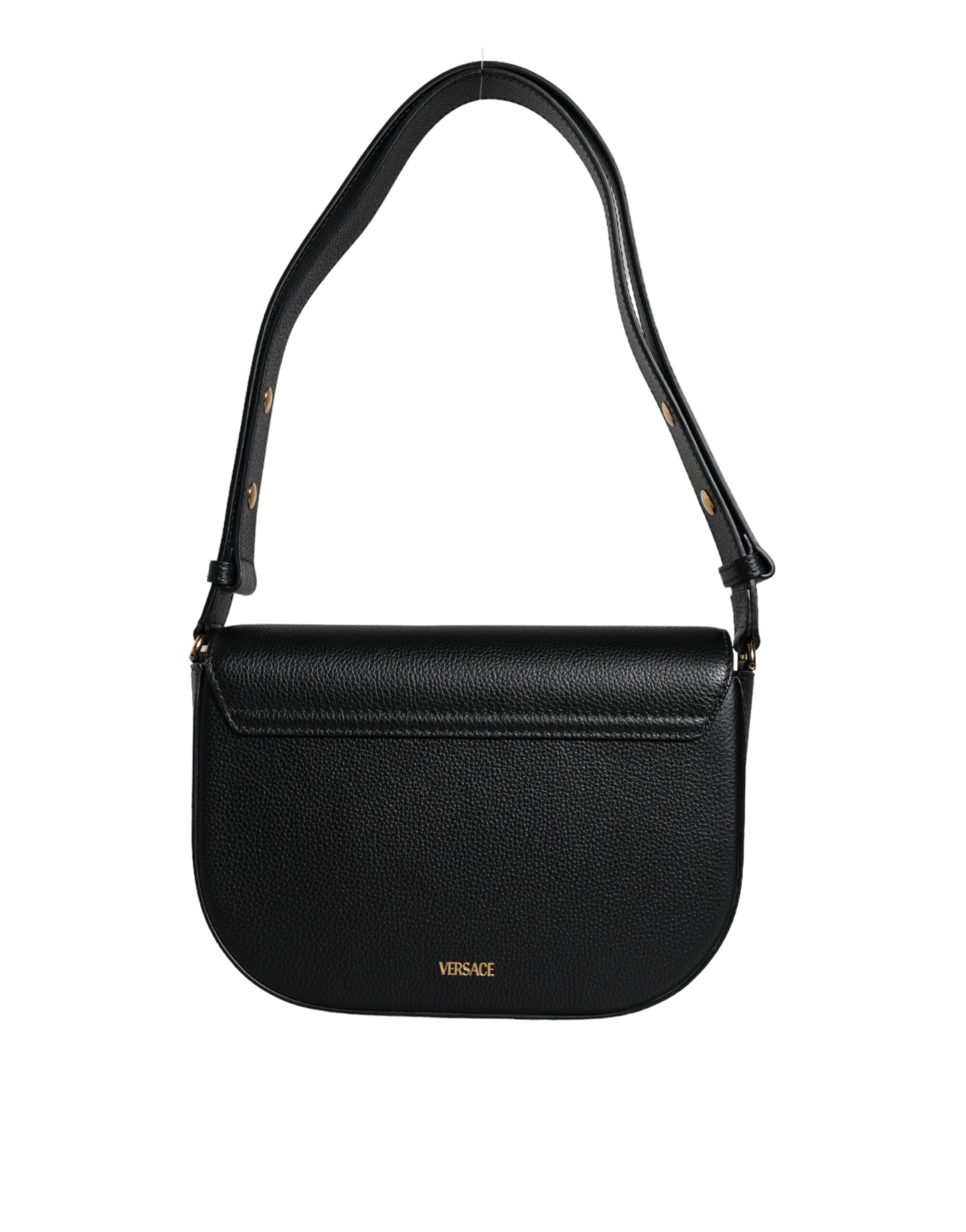 Sac bandoulière Versace en cuir de veau grainé noir avec logo