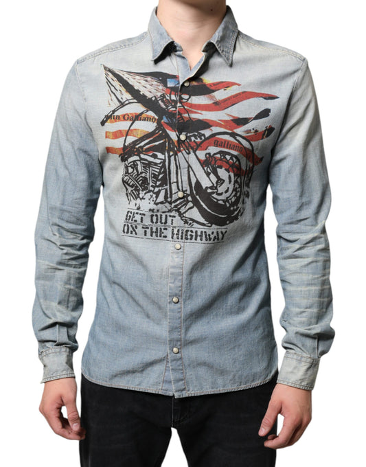 Chemise à manches longues en denim de coton imprimé bleu clair John Galliano