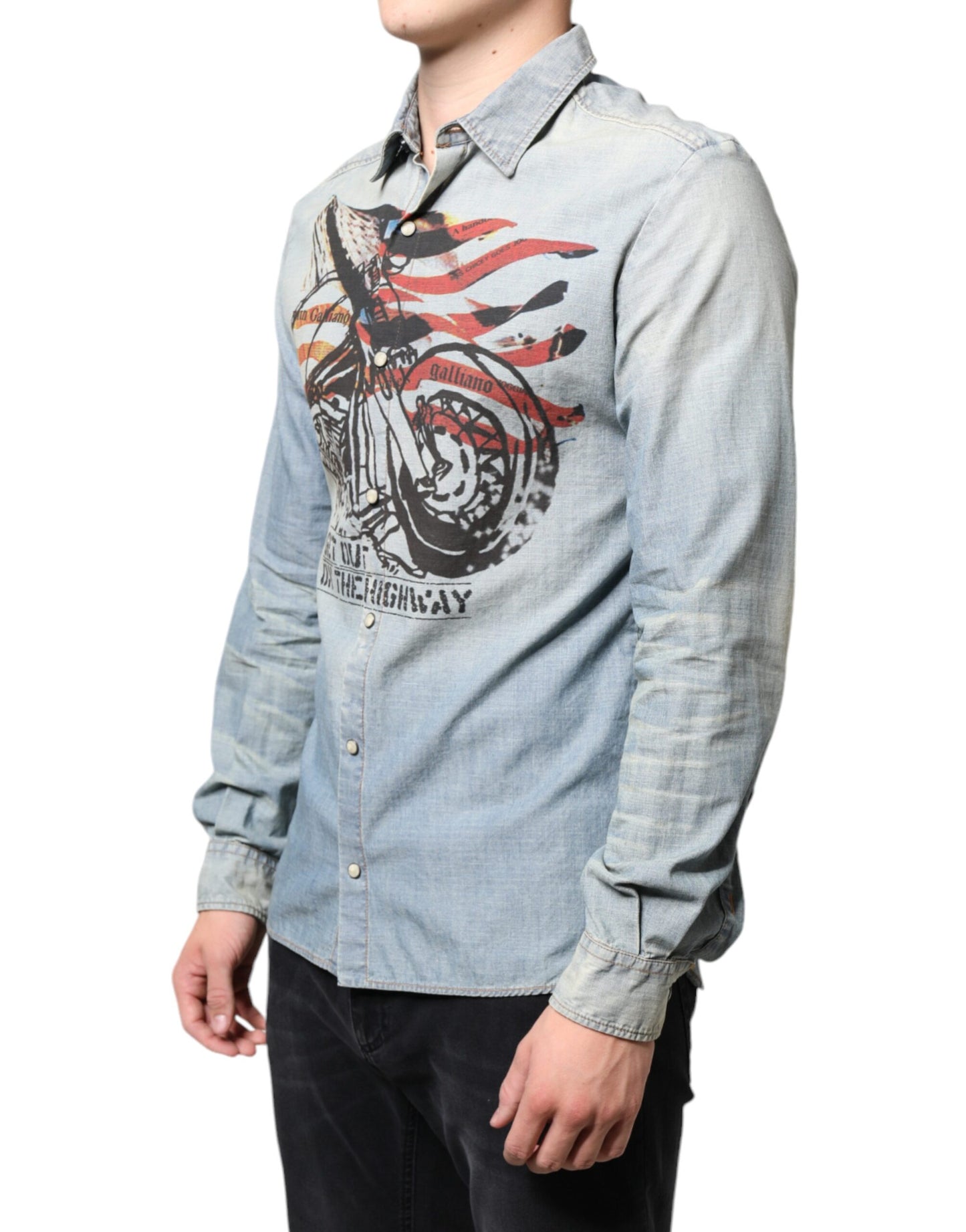 Chemise à manches longues en denim de coton imprimé bleu clair John Galliano