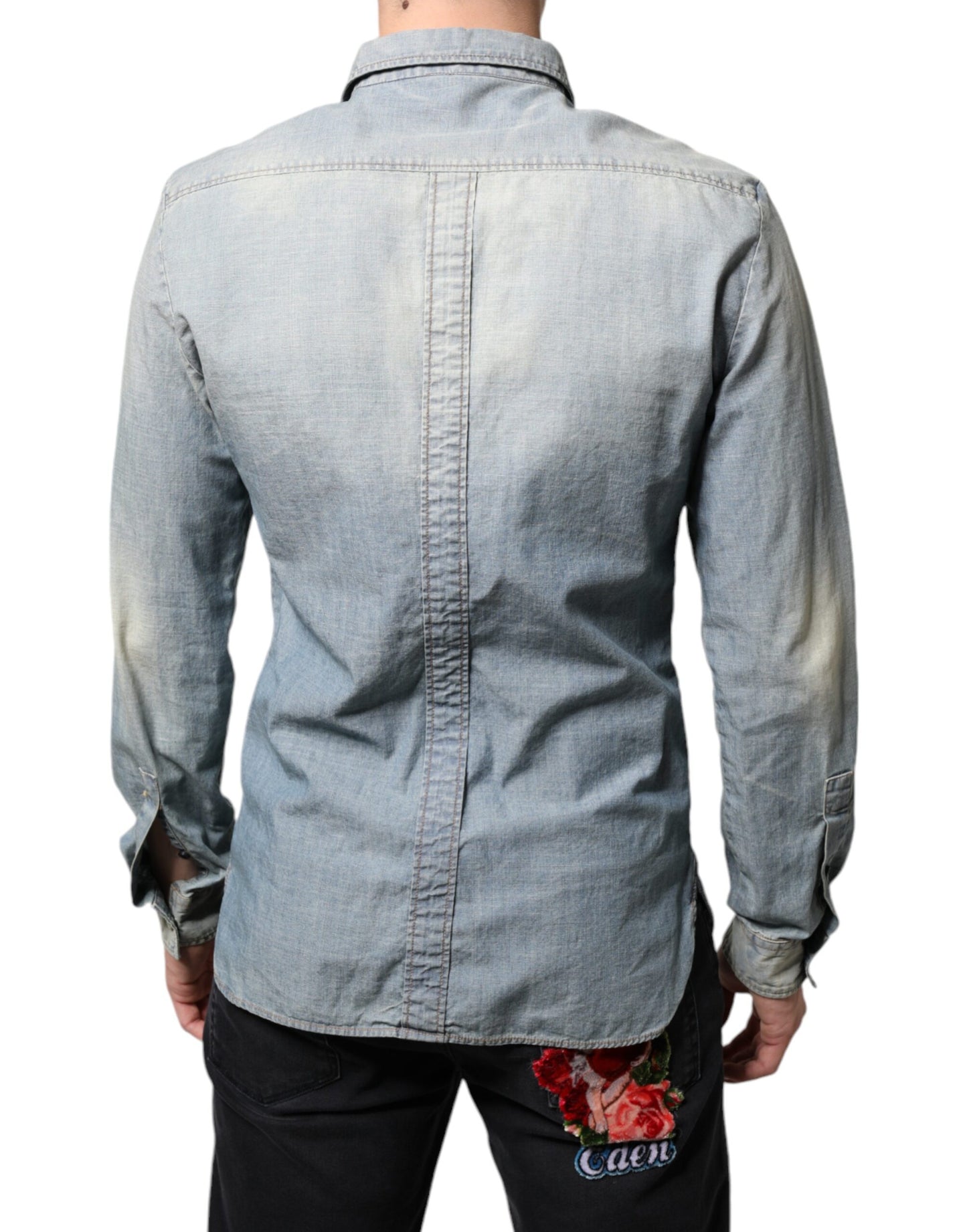 Chemise à manches longues en denim de coton imprimé bleu clair John Galliano