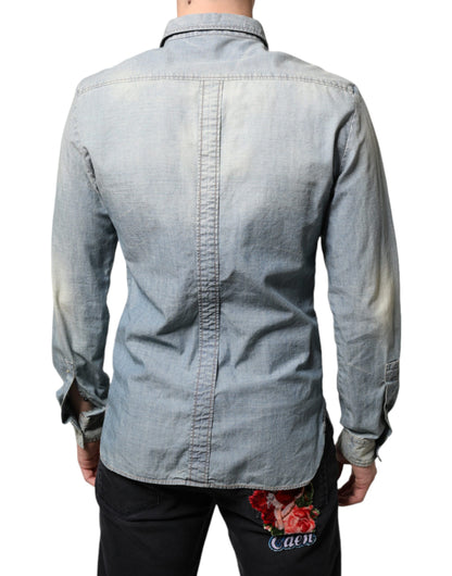 Chemise à manches longues en denim de coton imprimé bleu clair John Galliano
