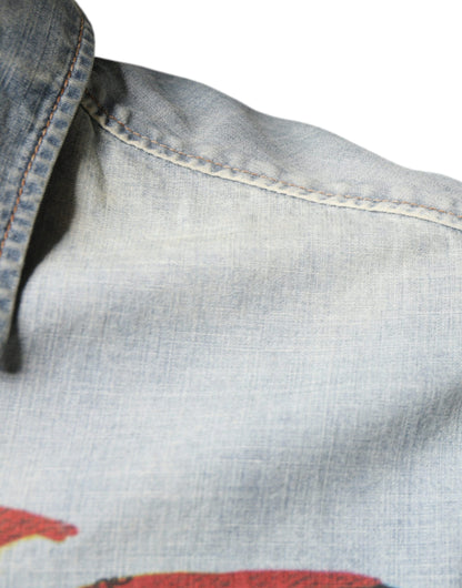 Chemise à manches longues en denim de coton imprimé bleu clair John Galliano
