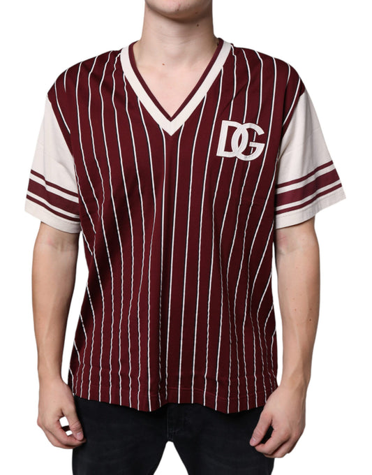 T-shirt col V à rayures marron en coton avec logo Dolce &amp; Gabbana
