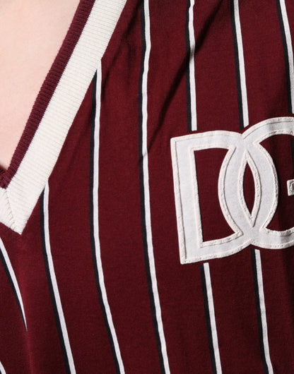 T-shirt col V à rayures marron en coton avec logo Dolce &amp; Gabbana