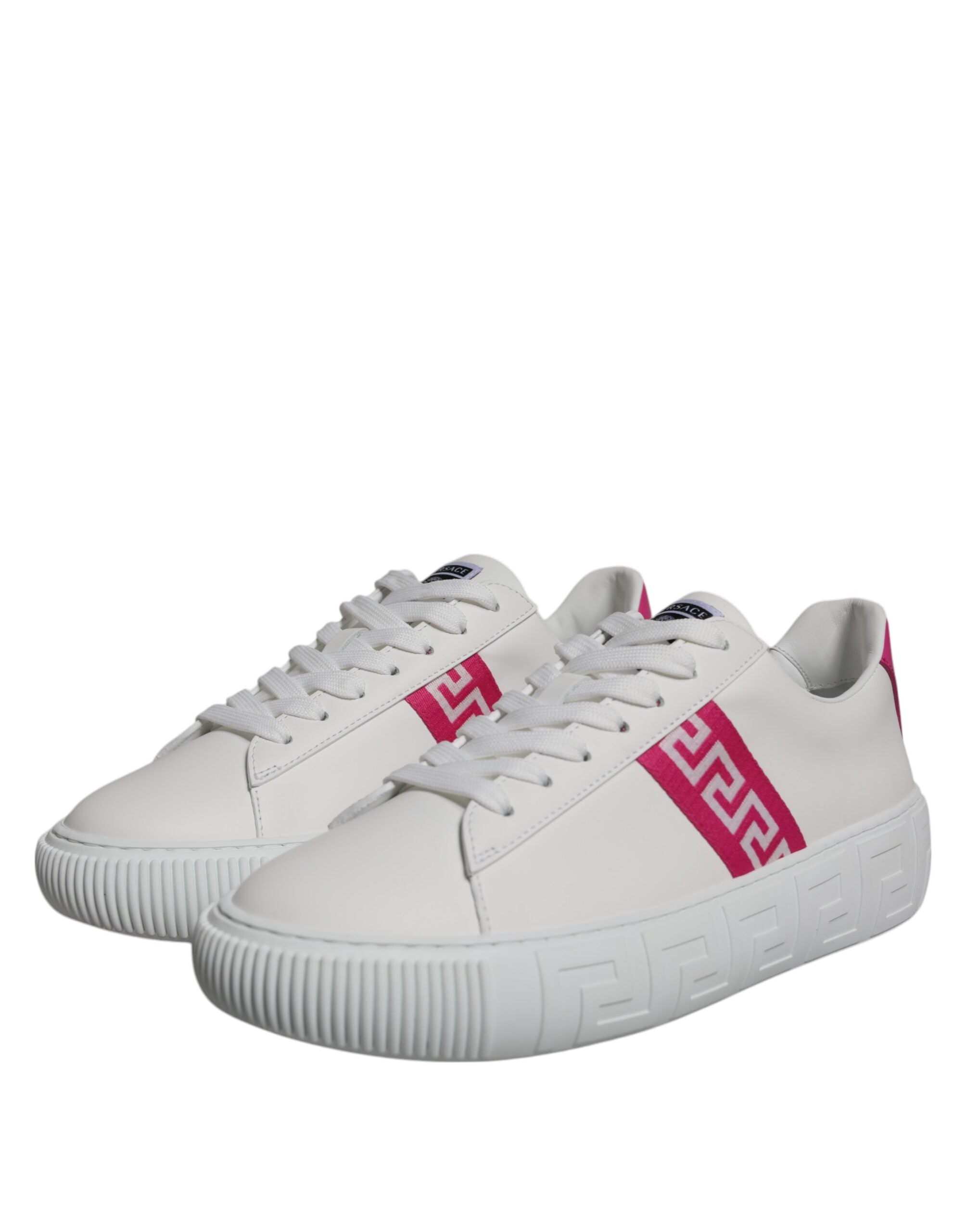 Sneakers basses à plateforme blanches et roses à imprimé grec.
