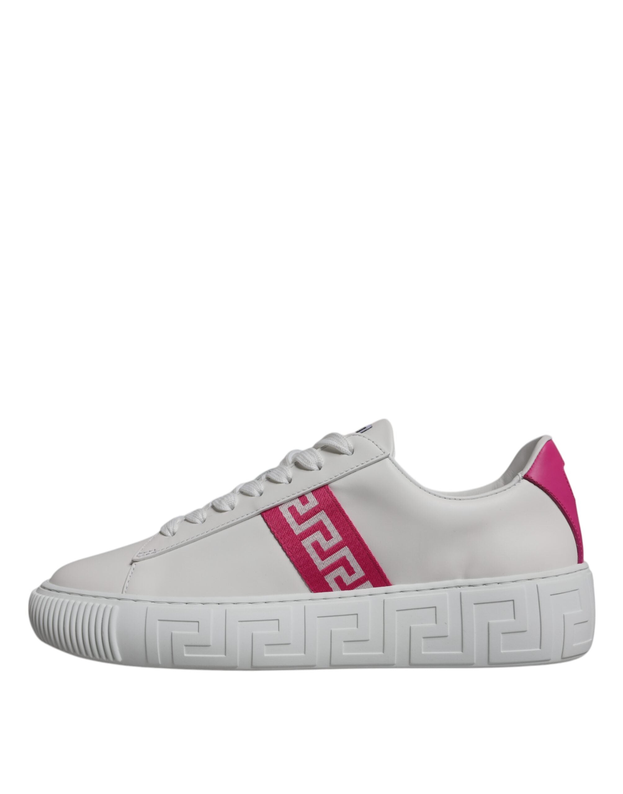 Sneakers basses à plateforme blanches et roses à imprimé grec.
