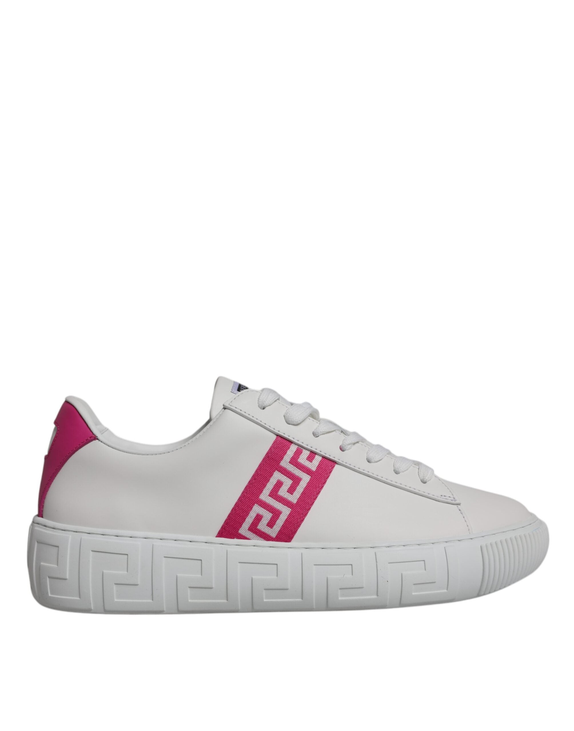 Sneakers basses à plateforme blanches et roses à imprimé grec.