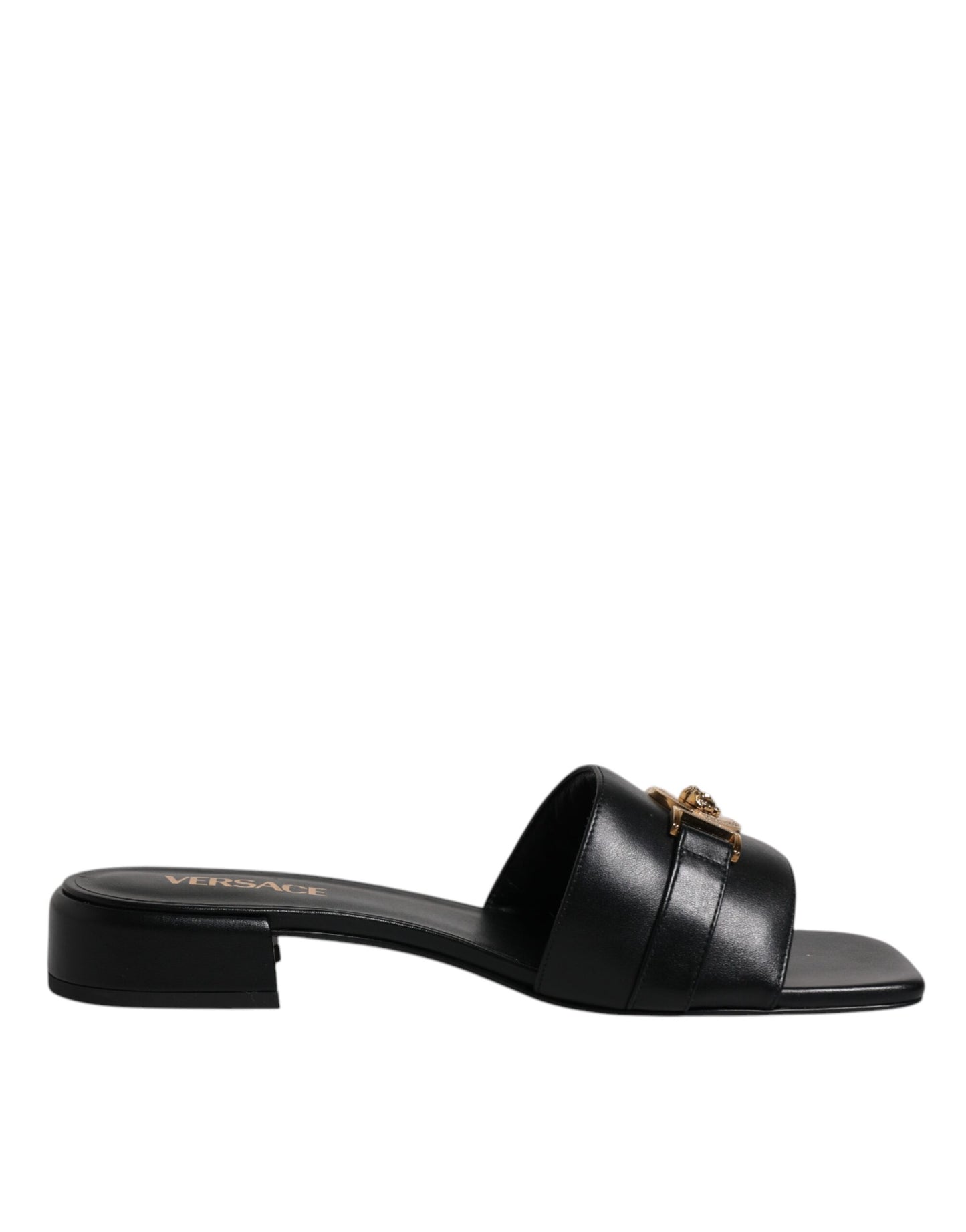 Claquettes plates à enfiler en cuir noir avec plaque logo Versace