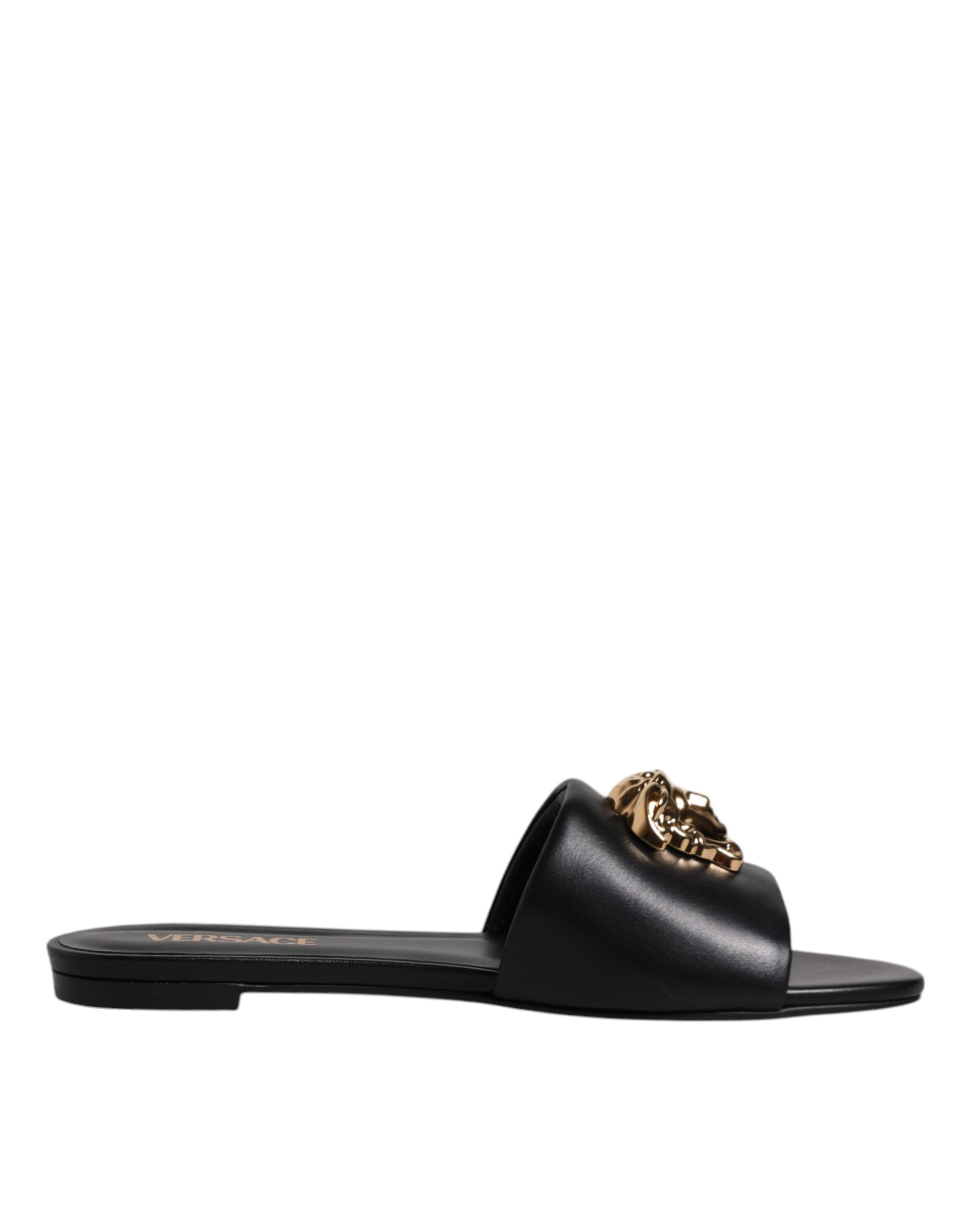 Brogues plates en cuir noir avec plaque logo, à enfiler.