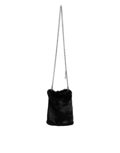 Sac à bandoulière Dolce &amp; Gabbana en fausse fourrure noire avec chaîne argentée