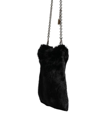 Sac à bandoulière Dolce &amp; Gabbana en fausse fourrure noire avec chaîne argentée