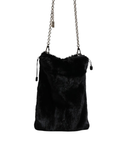 Sac à bandoulière Dolce &amp; Gabbana en fausse fourrure noire avec chaîne argentée