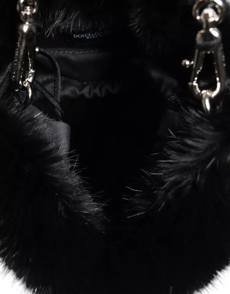 Sac à bandoulière Dolce &amp; Gabbana en fausse fourrure noire avec chaîne argentée