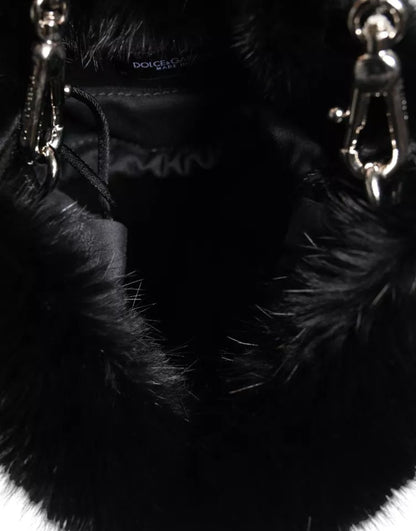 Sac à bandoulière Dolce &amp; Gabbana en fausse fourrure noire avec chaîne argentée