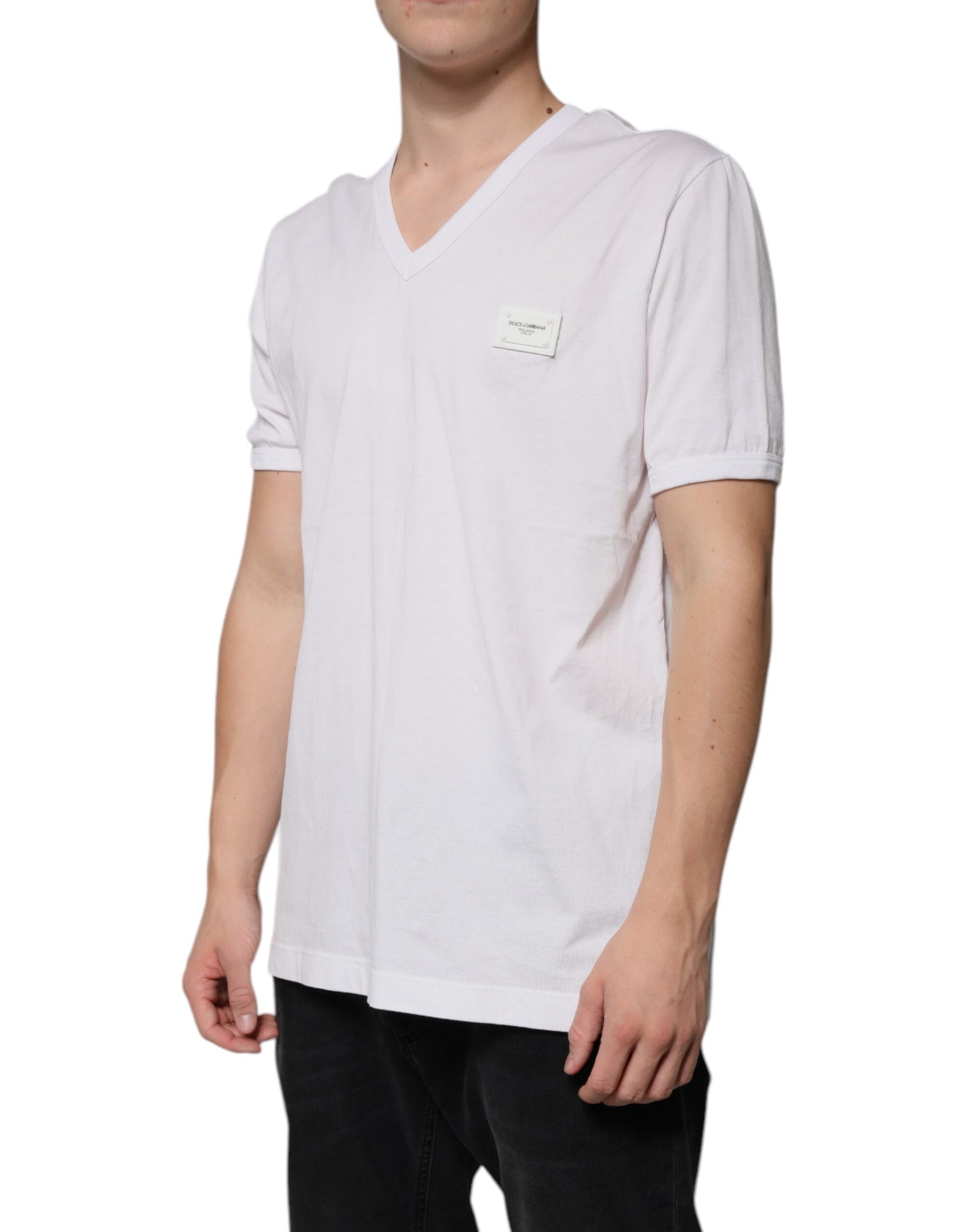 T-shirt à manches courtes et col en V avec logo blanc Dolce &amp; Gabbana