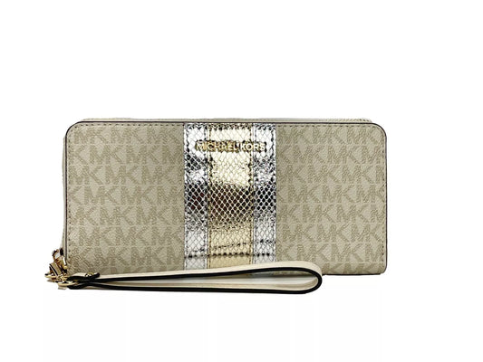 Portefeuille continental Michael Kors Jet Set Travel Center Stripe Signature Vanille Or pâle