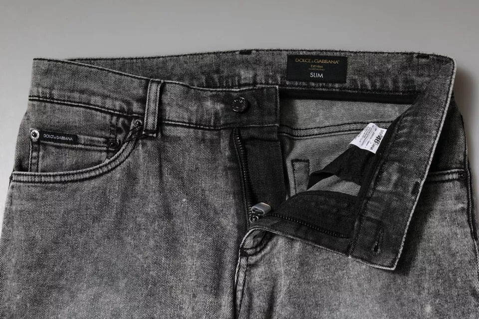 Jean slim en coton gris Dolce &amp; Gabbana avec plaque logo