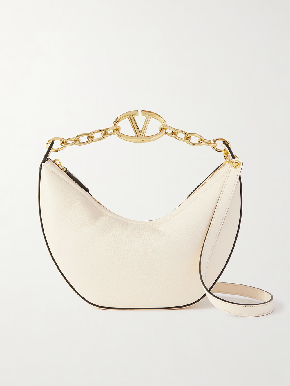 Petit sac hobo à bandoulière en cuir ivoire avec logo V
