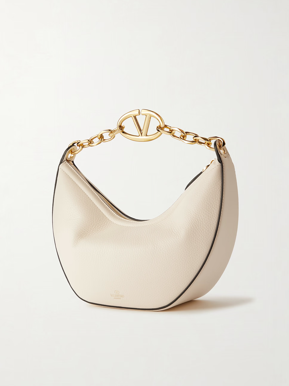 Petit sac hobo à bandoulière en cuir ivoire avec logo V