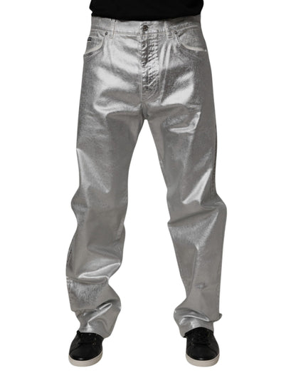 Jean droit en denim de coton argenté métallisé Dolce &amp; Gabbana