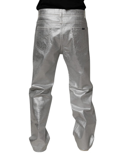 Jean droit en denim de coton argenté métallisé Dolce &amp; Gabbana