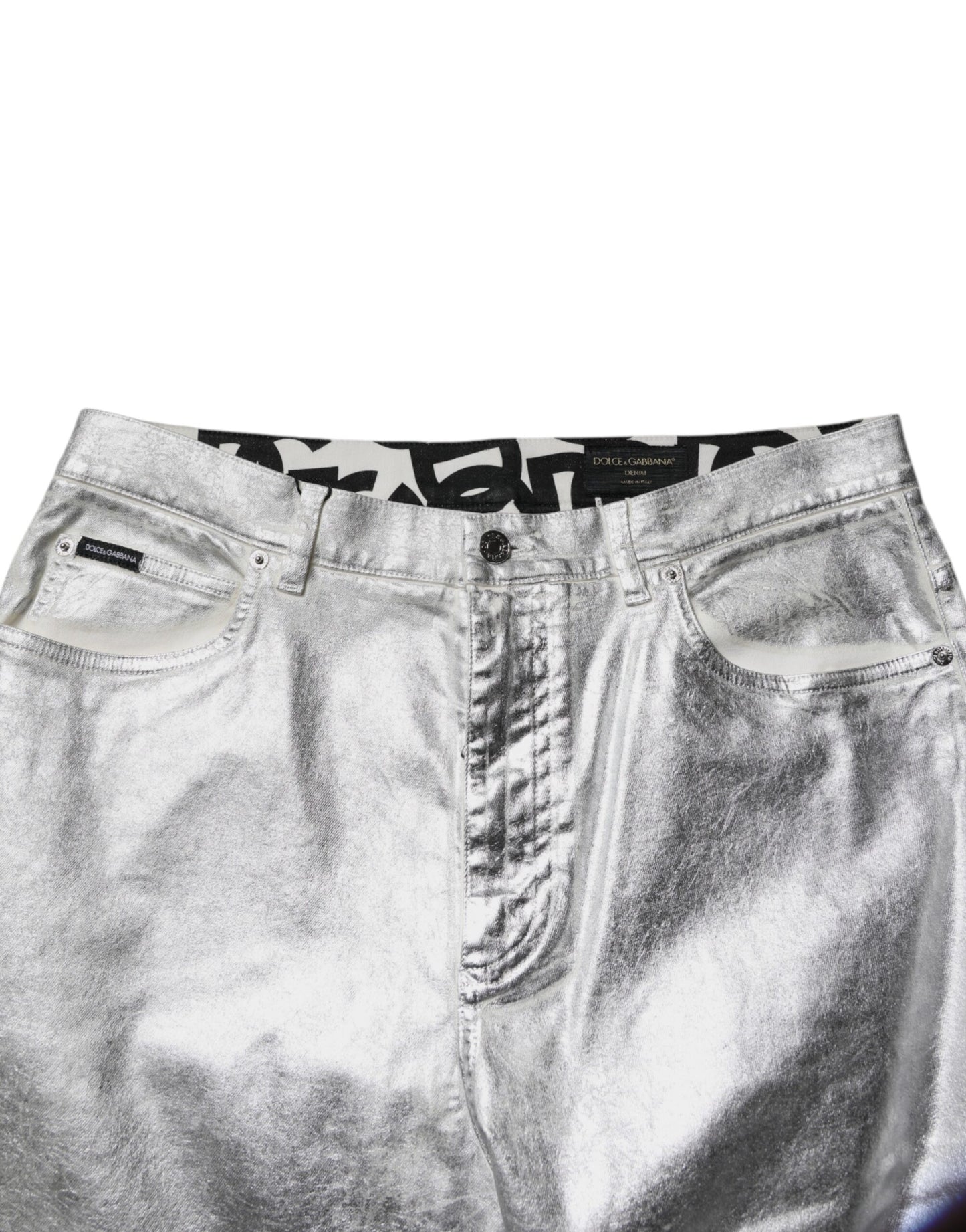 Jean droit en denim de coton argenté métallisé Dolce &amp; Gabbana