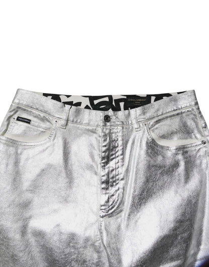 Jean droit en denim de coton argenté métallisé Dolce &amp; Gabbana