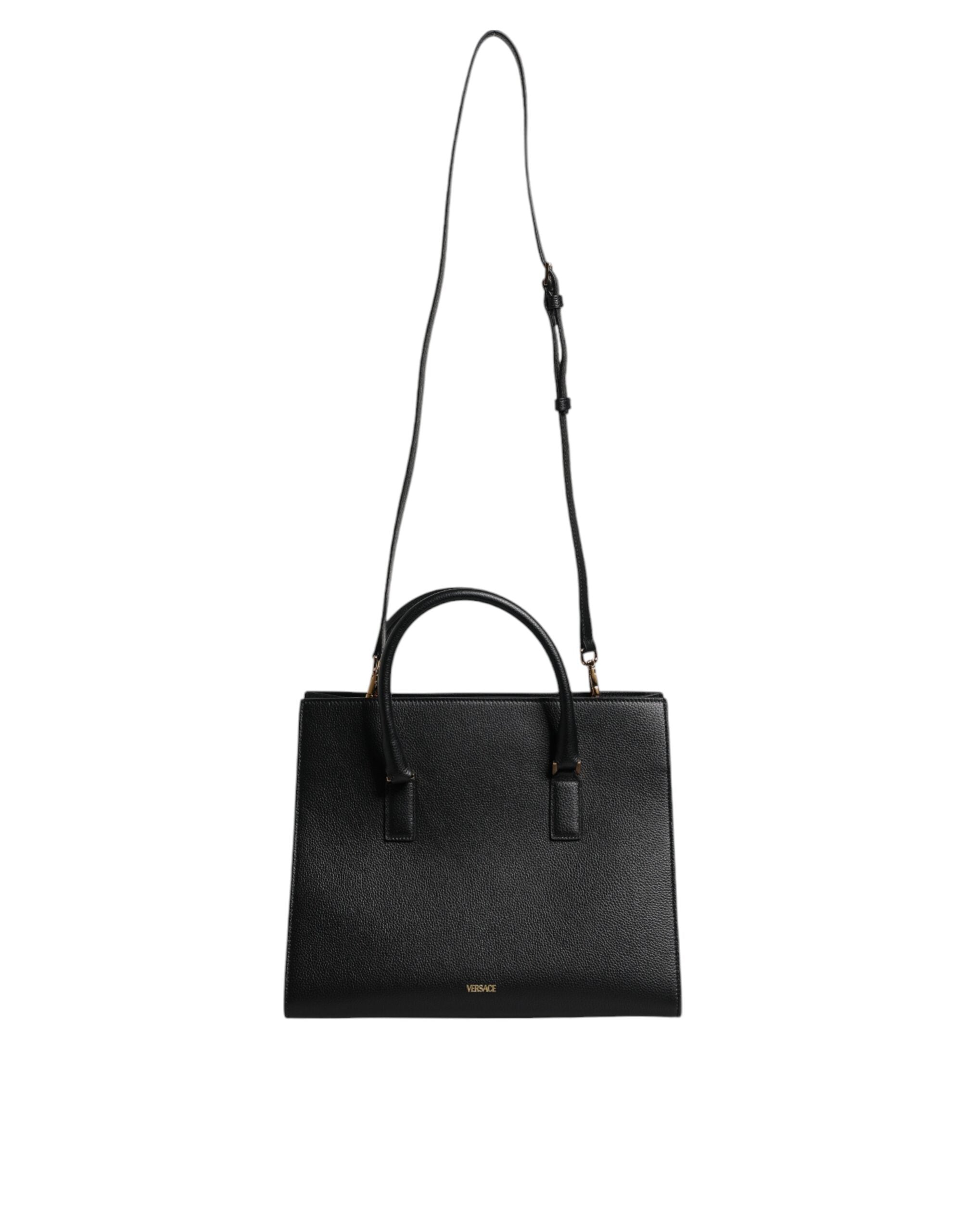 Grand sac à main porté épaule et porté bandoulière en cuir noir avec poignée supérieure.