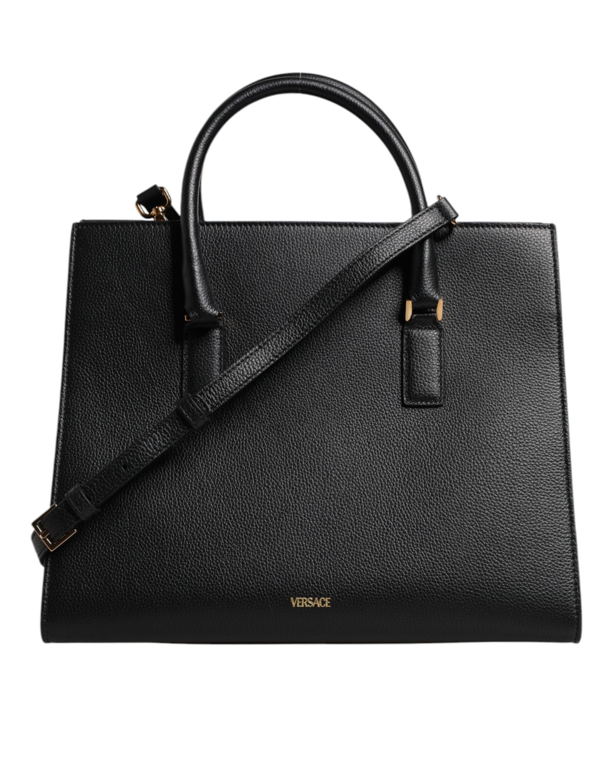 Grand sac à main porté épaule et porté bandoulière en cuir noir avec poignée supérieure.