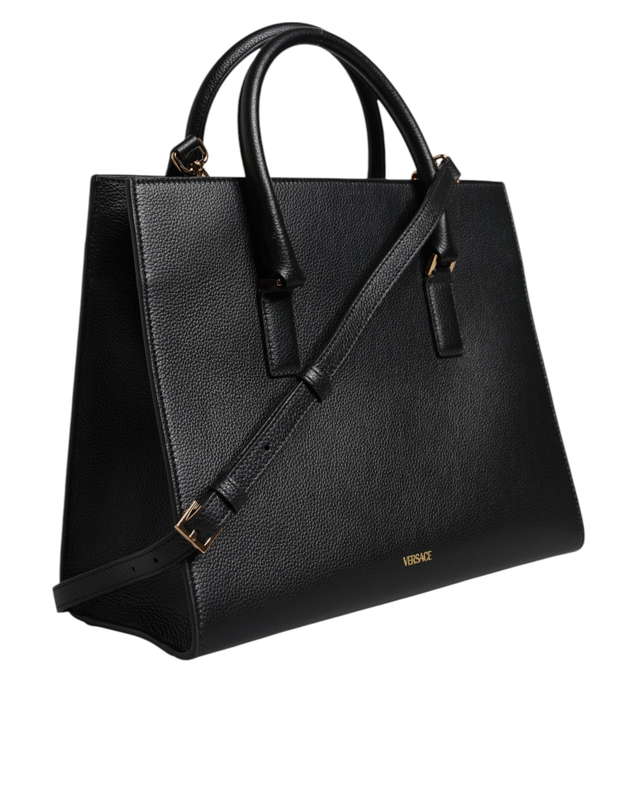 Grand sac à main porté épaule et porté bandoulière en cuir noir avec poignée supérieure.