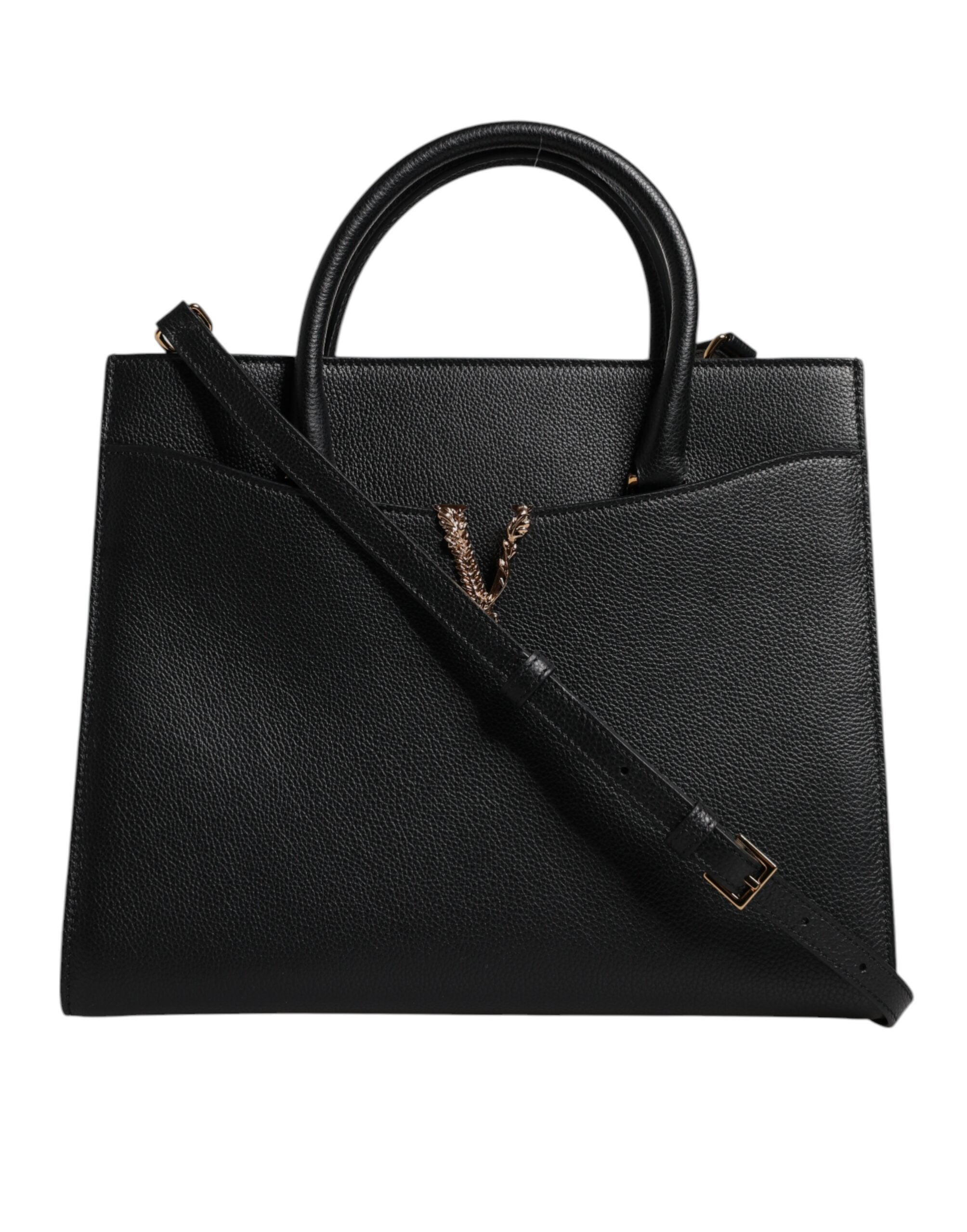 Grand sac à main porté épaule et porté bandoulière en cuir noir avec poignée supérieure.